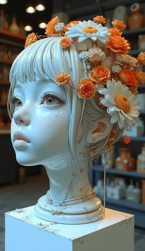 A 3D portrait sculpture is placed on the central pedestal，   simple，   Minimalism，   Beautiful girl，  Located、 Lots of Colors 々There are flower bangs 、 Elegant soft colors ，Colored glass transparent ，  beautiful detailed lips ,  highly detailed eyes and fa...