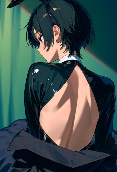  bedroom、 girl{ black hair、 short hair(Long pile 、Long nape)、 slender、 small tits、 tan跡、Dark Skin、 tan、 bunny suit、}、
