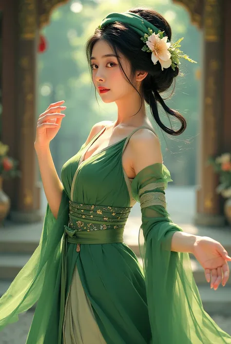 Draw a picture of Cô Đôi Thượng Ngàn, a beautiful fairy with fair skin, lustrous black hair, a round face, and a slender figure. She wears traditional attire: a green leaf dress or a black tunic and a short green shirt, a headscarf (von or vấn scarf) tied ...