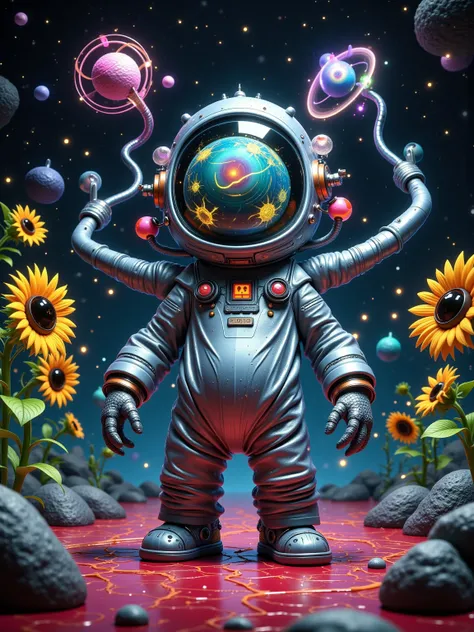 Envision a grotesquely surreal 3D claymation caricature, with contorted features and dramatically exaggerated proportions, rendered in rough, expressive 3D claymation. The scene features a distorted, bulbous astronaut with exaggeratedly stubby limbs and an...