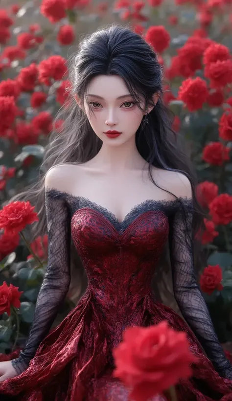 (masterpiece,best quality:1.2),1girl,solo,aorun,realistic,skin texture, wedding dreess, black and red,roses