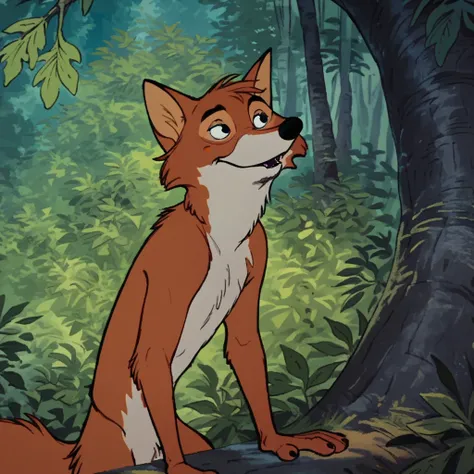 RobinhoodRH, male, fox, orange fur, naked, nude, standing, facing viewer, in a forest, black eyes, 