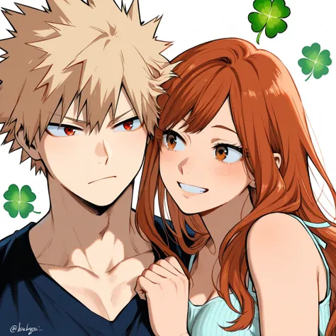 bakugo katsuki, girl with long auburn hair, couple, detailed, cute, four leaf clover