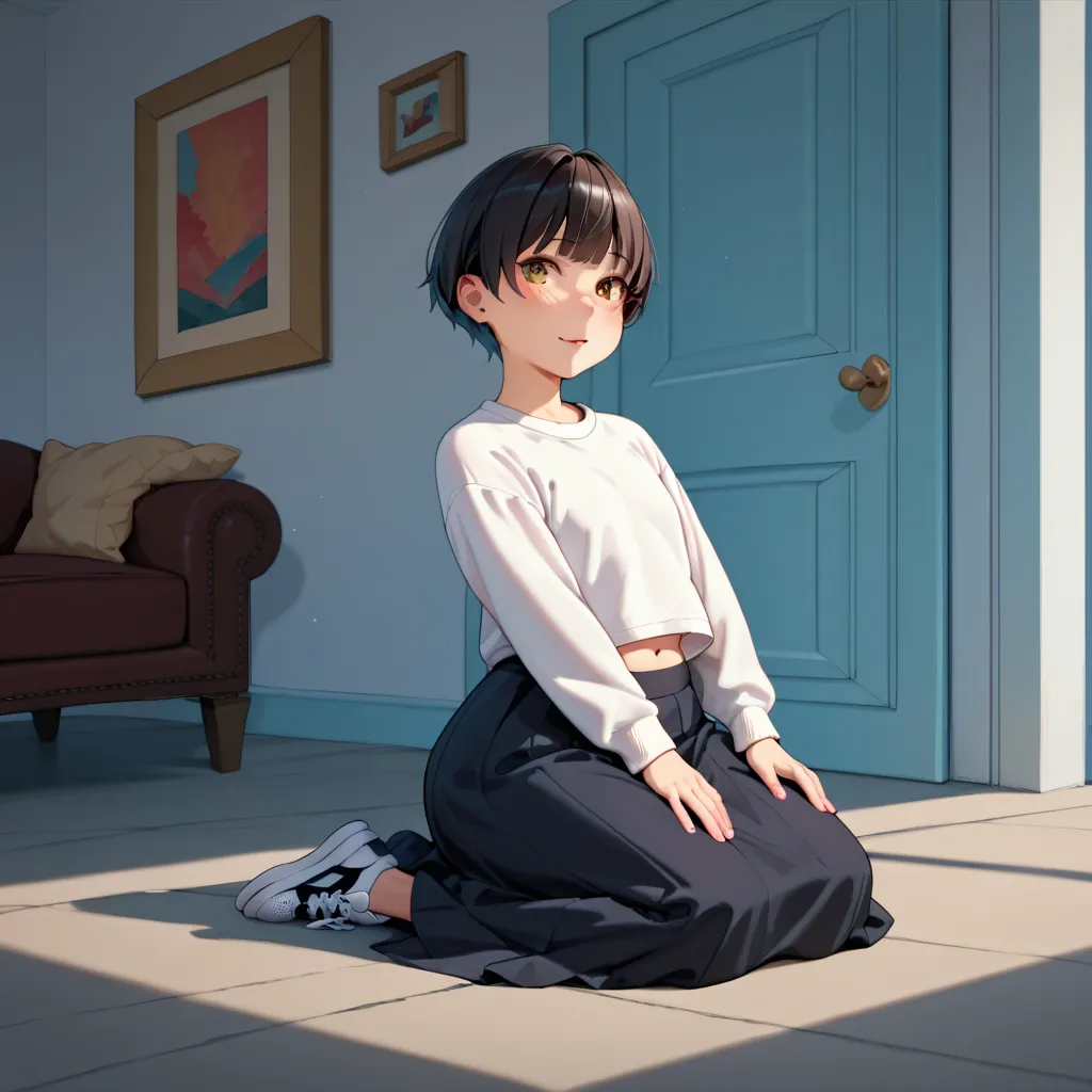  1 thirty-year-old fat femboy ,  black very short hair ,  kneeling , long skirt,  wide hips, with tummy  ,  black tights,  foot sneakers , white sweatshirt