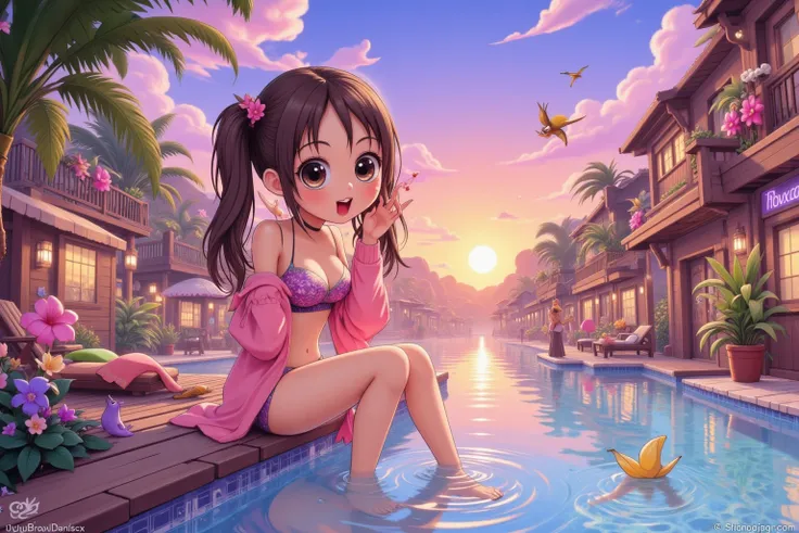 a cute crazy woman (sun dress, bright bikini underwear, bare feet, pig tails, age 20), sits on the side of a pool dangling her feet in the water. She is enjoying the sunset. tropical hotel