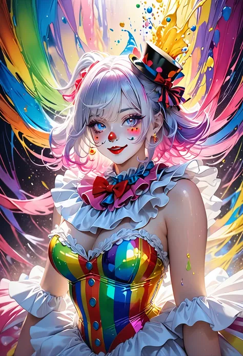 fusion of pop art and psychedelic art. 
fusion of watercolor, acrylic and collage, conceptual installation art. 
ultra detailed, absolutely resolution, masterpiece. 
beautiful clown that doesn't smile, clown makeup, colorful fluffy glossy silky flowing hig...