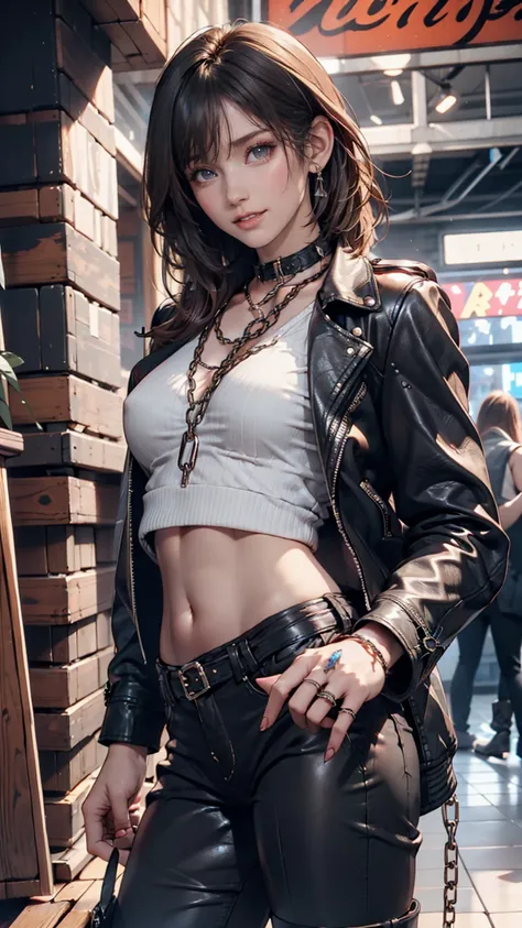  girl with chain collar 、Hard Rock、 midriff length leather jacket 、 tiny tee with rock band logo、 crop top with rock band logo 、 with a visible navel 、Leather pants 、 leather boots、smile、 、 Lots of Rings on Her Fingers 