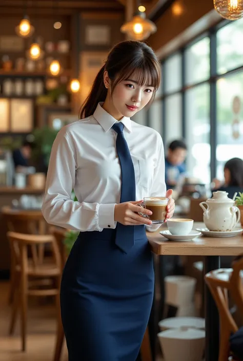 ((Sexy beautiful Japanese woman, a self defense officer uniform, wearing a white long-sleeved shirts, navy blue tie, navy blue pencil skirt, Black patent high heels) :1.5), beautiful hip-line, Beautiful thighs, a beautifully detailed coffee shop interior w...