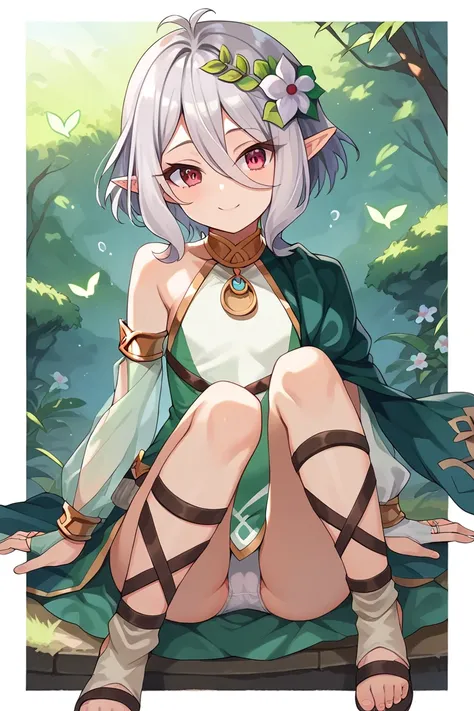  pcrkok , grey hair, elf, antenna hair, flat chest, red eyes, kokdef , hair flower, white flower, green robe, two-tone dress, green dress, white dress, sleeveless, detached sleeves, see-through sleeves, bridal gauntlets, gladiator sandals, smiles、 gym sitt...