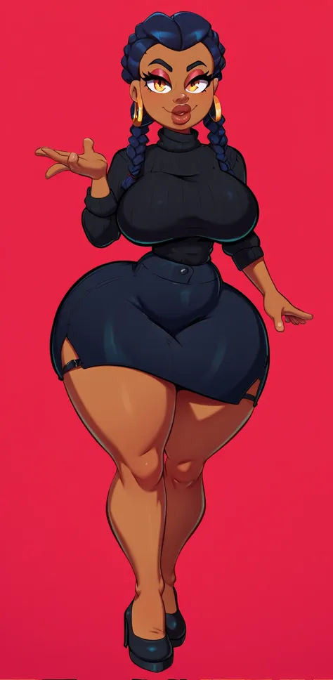 4K Quality, (big smile), (black skirt), (black sweater), standing up, ((dark skinned)), thick thighs, big breasted, big ass, wide hips, looking at viewer, ((black braids)), (amber eyes), night time, full body, (black and red background), full lips, hoop ea...