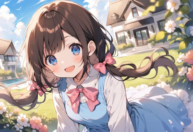 1 cute girl,
(dark brown hair, lob hair, low twintails, pink bow),
(dark blue eyes, tareme),
smile,
open mouth,

looking at viewer,

(white long sleeves shirt),
(blue dress),

cowboy shot, solo,

(depth of field),
noon time, little cloud,
luxury house,
flo...