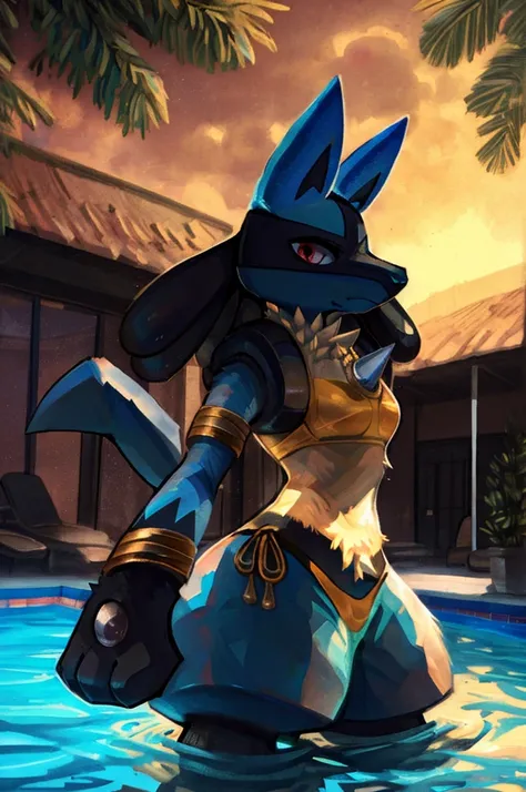 uploaded on e621, (((by Zackary911, Kenket, Kilinah, Zackary911))), solo female (((Lucario))), wear (((golden wristband and jewelry and golden bikini))), (detailed Lucario), (detailed lighting),(detailed fur), (detailed breasts), (detailed skin), BREAK, ((...