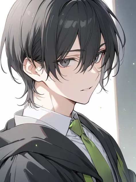 1 boy, handsome, short hair, black hair, straight hair, bangs between eyes, black eyes, white shirt, green necktie, black robe