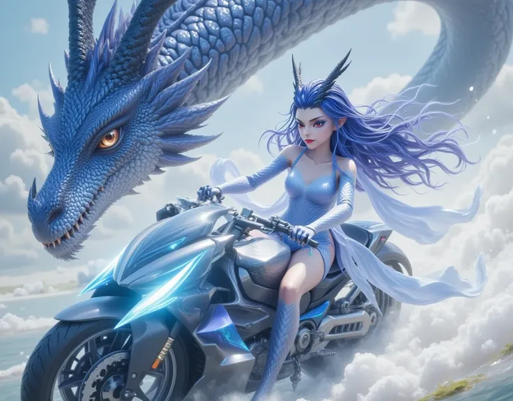 (1girl, beautiful detailed eyes, beautiful detailed lips, extremely detailed eyes and face, long eyelashes, riding a futuristic motorcycle, racing with a dragon, motion blur, speed lines, dynamic composition, cinematic lighting, hyper realistic, 8k, photor...