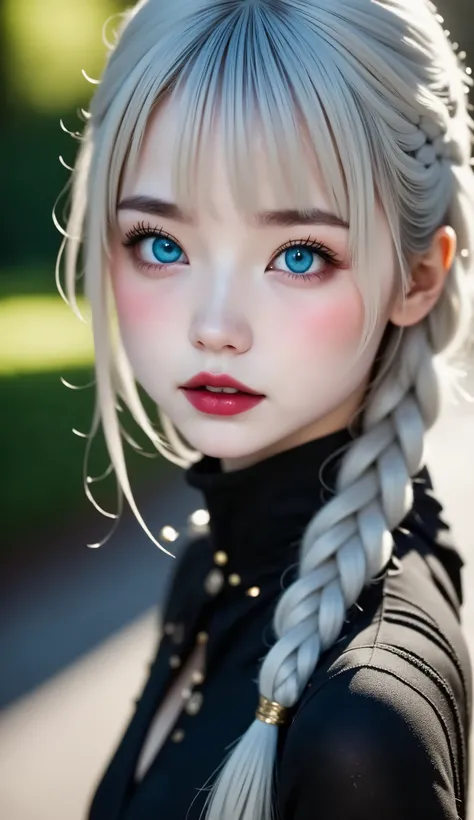  top quality、 Masterpiece、 RAW Photo 、 Film Grain、８ｋ、 ultra high resolution、 very cute girl 、Albino Girl、Pale face_eye_lips、Black Lips、Highly detailed eyes and face、 gray hair:1.37、 french braid:1.48、 pale skin on a street car、Light-pigmented eyes、 gothic ...