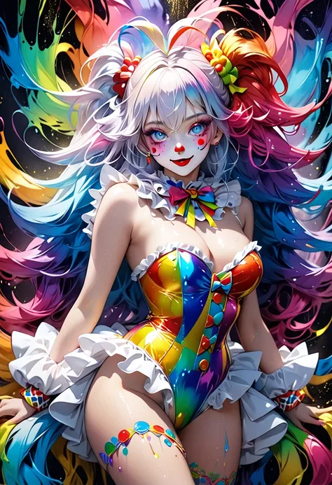 fusion of pop art and psychedelic art. 
fusion of watercolor, acrylic and collage, conceptual installation art. 
ultra detailed, absolutely resolution, masterpiece. 
beautiful clown that doesn't smile, clown makeup, colorful fluffy glossy silky flowing hig...