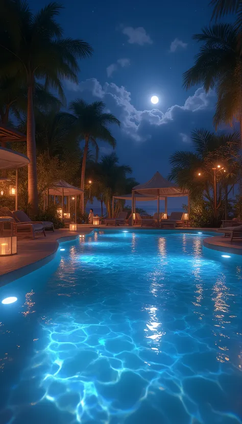 Poolside Glow, Nighttime Serenity, Tranquil Atmosphere, Sparkling Water, Soft Neon Reflections, Gentle Ripples, Warm Ambient Lighting, Cozy Poolside Lounge, Tropical Plants Swaying, Floating Lanterns, Starry Night Sky, Moonlight Casting a Silvery Glow, Sof...