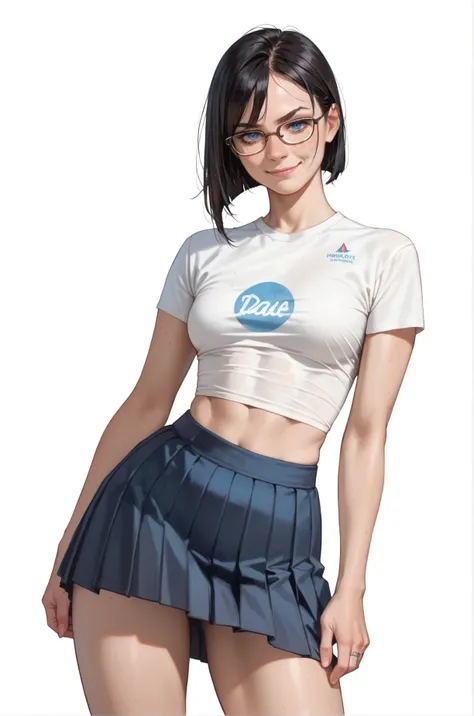 1girl, sexy, freckles, smirk, closed mouth, blue eyes, black hair, medium breasts, glasses, cropped t-shirt, pleated skirt, thighs, standing, dynamic angle, (white background)