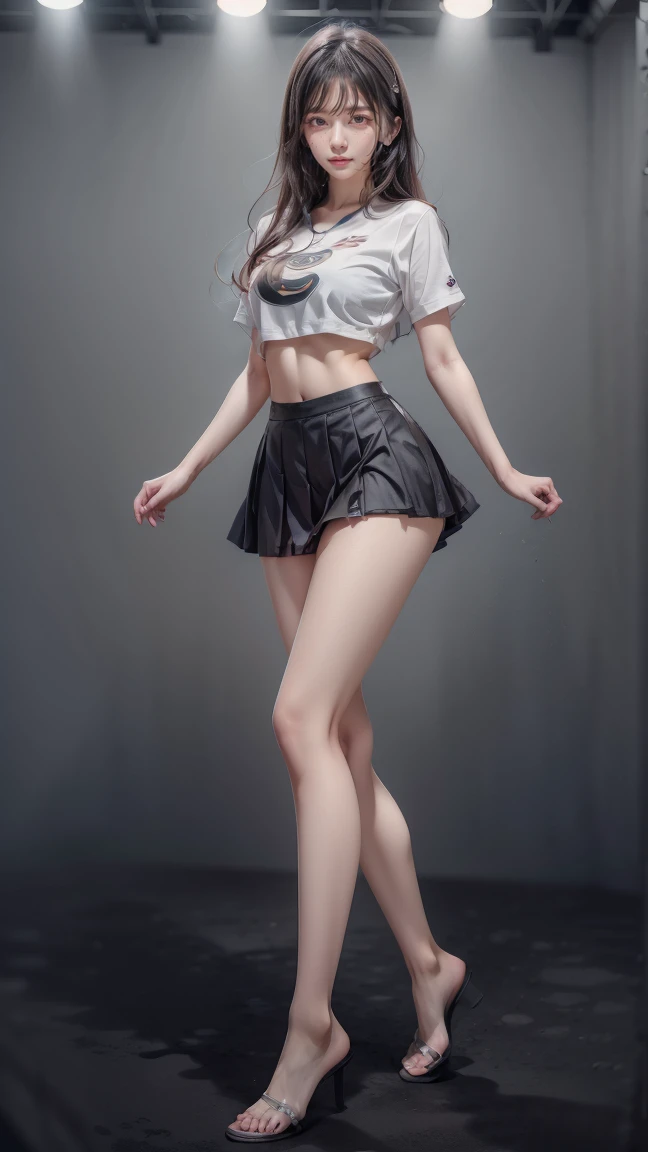 A beautiful young Japanese woman, 20 years old, with perfect anatomy, healthy thighs, beautiful feet, flawless skin, random hair color and style, large bust, (she is standing:1.2), wearing a cheerleader uniform with micro-pleated miniskirt, in a full body ...