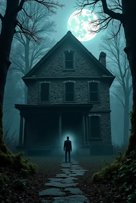 A crumbling, ancient house surrounded by dense, dark forest. The moon casts an eerie glow, and a faint shadow of a man is visible near the front door.