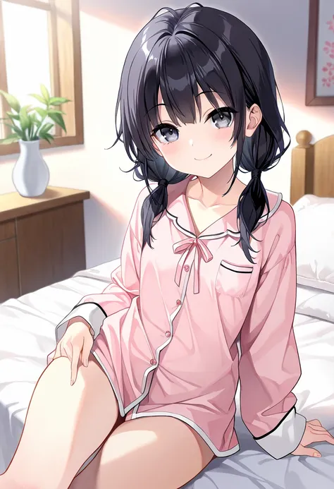 ((Highest quality)), ((masterpiece)), (detailed),nsfw,1girl,midium hair,low twintails,black hair,(light pink pajamas),(long sleeb shirt),smile,bed,bed room,close,