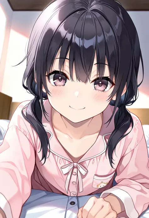 ((Highest quality)), ((masterpiece)), (detailed),nsfw,1girl,midium hair,low twintails,black hair,(light pink pajamas),(long sleeb shirt),smile,bed,bed room,close,