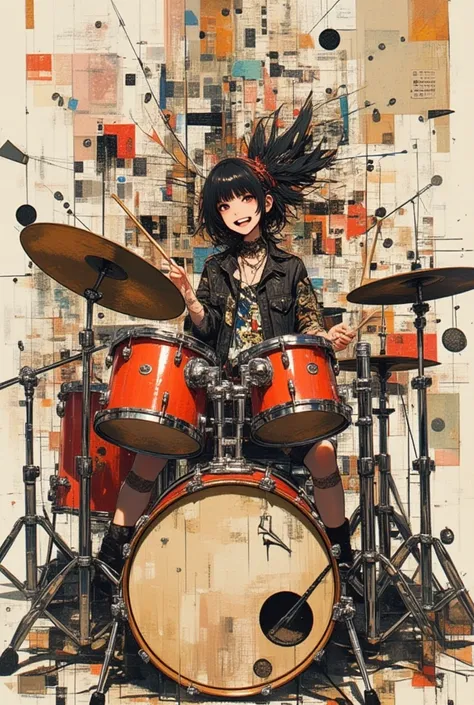 (masterpiece, best quality),(multiple exposure: 1.2),
print collage depicting,Solo drummer girl,drums,tween,she is surrounded by music-notes symbols,wearing grunge fashion,enthusiastic, collage art, contemporary artistic collage,concept art,