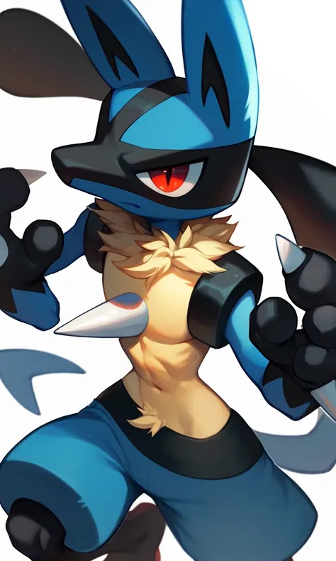 Lucario, Lanky, Humanoid, yellow fur, Blue and Black, red eyes, Blue head Long, pointed ears, Black marking on the face, Black arms and legs, spike on the chest, Hands with three fingers, Spikes on the back of the hands hands, three-toed feet, long tail