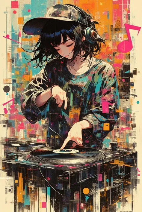 (masterpiece, best quality),(multiple exposure: 1.2),
print collage depicting,Solo DJ girl,turntable,scratching,tween,she is surrounded by music-notes symbols,wearing grunge fashion,enthusiastic, collage art, contemporary artistic collage,concept art,