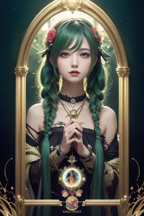 (Masterpiece,  top quality,  best quality ,  Official Art,  beautiful and aesthetic:1.2), ( 1 girl:1.3), ( Fractal Art :1.3), card, Tarot,  green hair,  twin tails,  hair flower, ( good lighting :1.1), (( high resolution)), Tarot card style