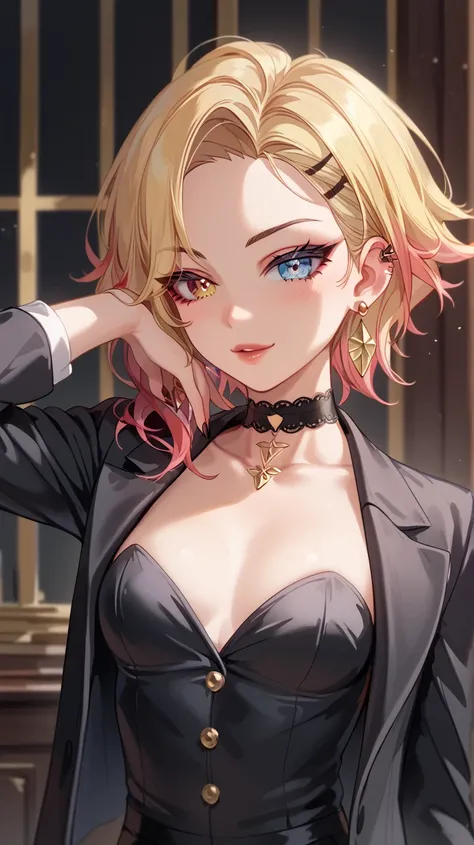 solo、 1 woman 、Beauty、( blonde with highlights)) 、 bob hair、 straight、Sideburns、 Center-Parted Bangs、 expressive hair 、Silky Hair、 round eyes、 eyes、Shining Eyes、Eye Reflexes、 textured skin、 small breasts、 slim、( she is using a black elegant suit), mafia bo...