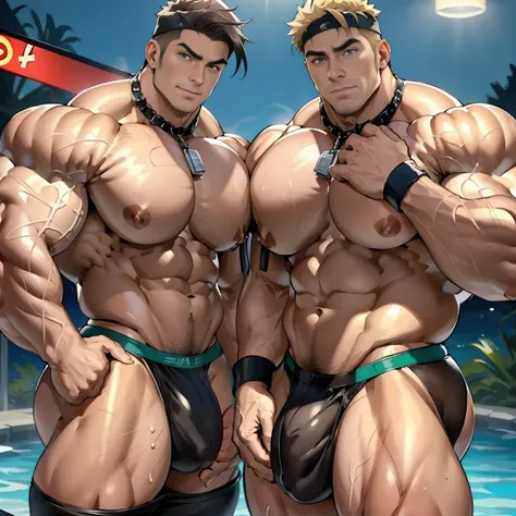 2 Young men at night turning into mindless dumb brainwashed himbo bros, short blond hair, handsome face, flexing, hypnotized expression, green eyes, large muscles, hyper pectoral, thick thigh, large butt, bubble butt, hyper glutes. He's wearing a low-cut t...