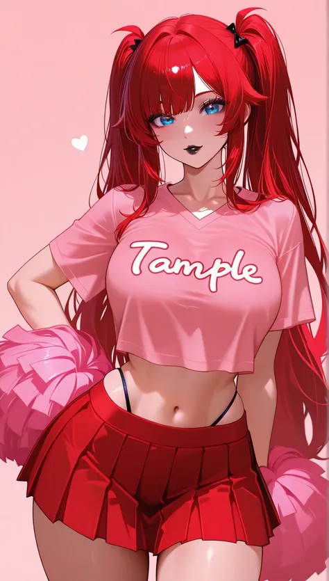   masterpiece,   thong,  cinematic lens effect ,   highly dramatic image ,  beautiful eyes ,  cheerleader girl team t-shirt, red-haired,  red hair, Pigtail hair, pink pompons, Pink ,  short t-shirt , abdomen to sample,  red skirt,  blue eyes,  black lips, ...