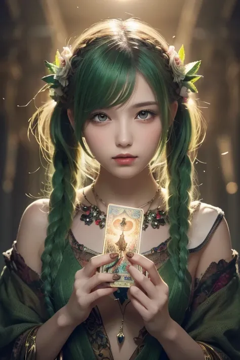 (Masterpiece,  top quality,  best quality ,  Official Art,  beautiful and aesthetic:1.2), ( 1 girl:1.3), ( Fractal Art :1.3), card, Tarot,  green hair,  twin tails,  hair flower, ( good lighting :1.1), (( high resolution)), Tarot card style