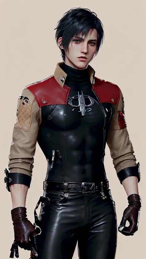 ,((jason todd)),((Final fantasy taste and reality graphics)), ((Japanese young cute and cool ikemen  boy)), ((face is no paint and no mask)),his age is early 20s, thin eyebrows and beady eyes, ((((he wearing only light beige color leather jacket)))),((((le...