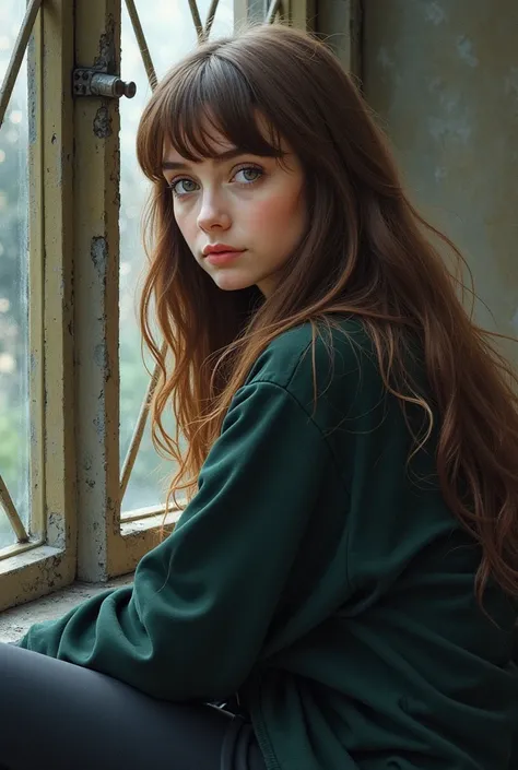 watercolor, Painting style painted in oil,  Realistic fantasy style inspired by Harry Potter ,  full body, Move,  Neutral lighting , presentation character , Women, 18 years old,  teenager, Women inglesa, long straight hair fringed cut,  brown hair, fringe...