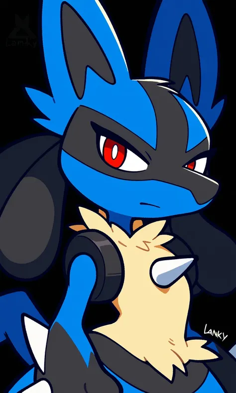 Lucario, Lanky, Humanoid, yellow fur, Blue and Black, red eyes, Blue head Long, pointed ears, Black marking on the face, Black arms and legs, spike on the chest, Hands with three fingers, Spikes on the back of the hands hands, three-toed feet, long tail