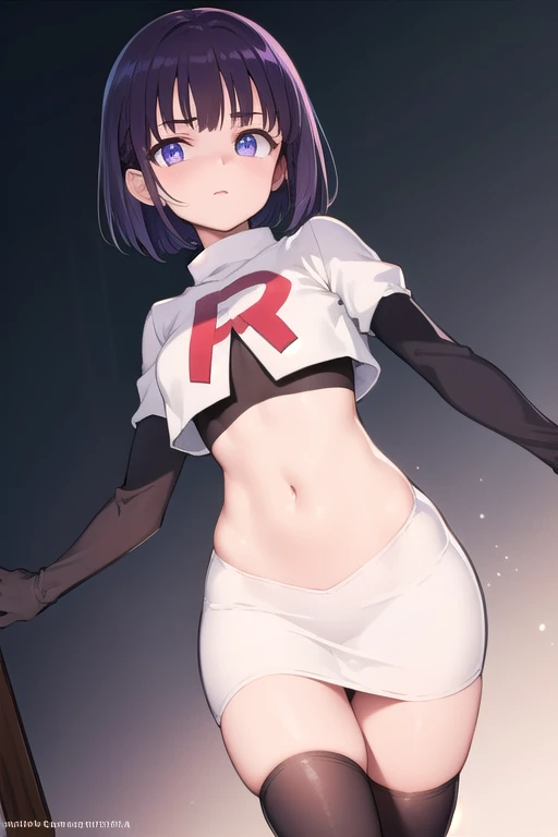 miyabisenpai, miyabi senpai, short hair, bangs, purple hair, (purple eyes:1.1),
BREAK team rocket,team rocket uniform,white skirt,red letter R,crop top,black thigh-highs,black elbow gloves,
BREAK looking at viewer, cowboy shot,
BREAK (masterpiece:1.2), bes...