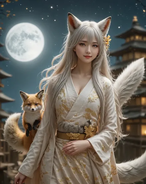  long hair,  super high heels,  textured skin,  high detail,  top quality,  1 girl completely naked, solo,  long hair,   golden eyes,Fox Ears,  Silver Hair, (( big breasts)),((Foxes have 9 tails)) , Hide Ears ,  smiles, , full body photo,Particles of light...