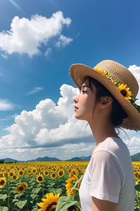 Summer sky、blue sky、cloud、白いcloud、Mountain、field、Sunflower field、(('s greatest masterpiece))、nature、 1 woman、 in the sun's nature