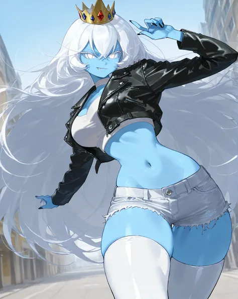 score_9, score_8_up, 1girl, solo, Ice Queen, blue skin, white eyes, white hair, long hair, crown, fang, wide hips, leather jacket, crop top, midriff, jean shorts, short shorts, thigh boots, detailed background, outdoors, 