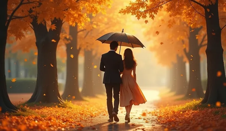 " Romantic couple walking in autumn park:  golden leaves swirl around , a man holds an umbrella ,  protecting a woman from the rain ."