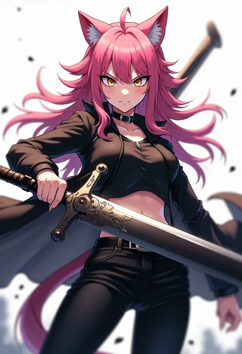  a werewolf girl anime,  Clear skin,  pink hair,  golden eyes,  black and white clothes , black and white pants, Serious and furious expression ,  wielding a heavy sword.
