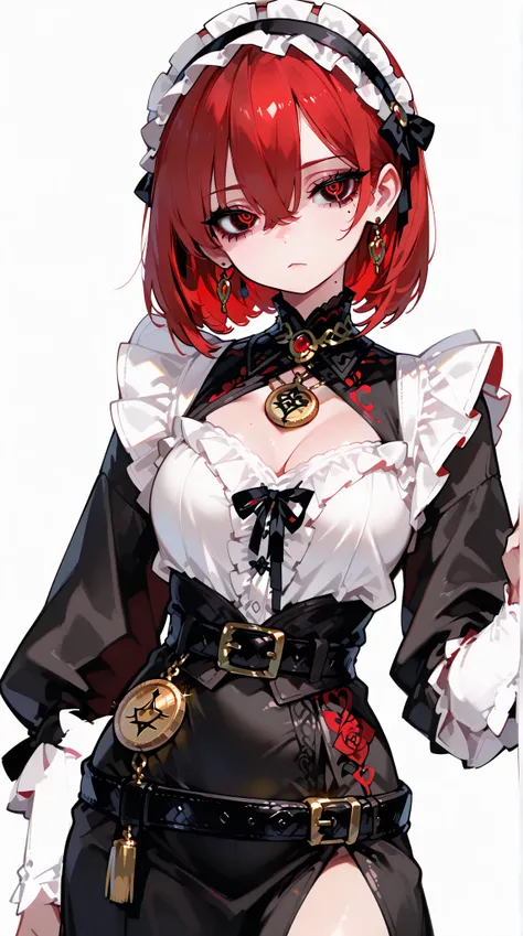  top quality, very detailed, Masterpiece, super detailed,Alone,(Delicine eyes),( white background:1.3),red eyes, are standing, belt skirt ,[trench coin:20],  jewelry,  mole_Down_eye,  accurately _in_viewer, Frilled_ headband, earrings