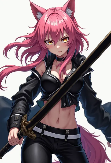  a werewolf girl anime,  Clear skin,  pink hair,  golden eyes,  black and white clothes , black and white pants, Serious and furious expression ,  wielding a heavy sword.
