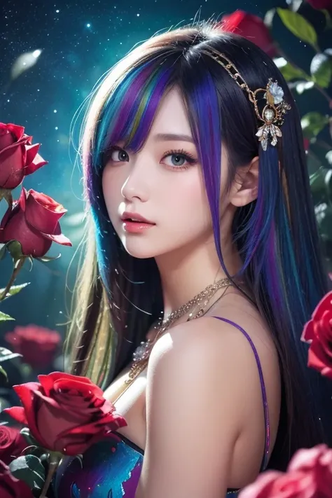 Close-up of a woman with  colorful  hair and necklace,  anime girl 、Cosmic Hair , The gentle vitality of rose roses,  Gouvez style artwork,  Fantasy Art Style ,  colorful ],  vivid fantasy style, Ross draws vibrant cartoons, cosmic and  colorful , Gwaiz,  ...