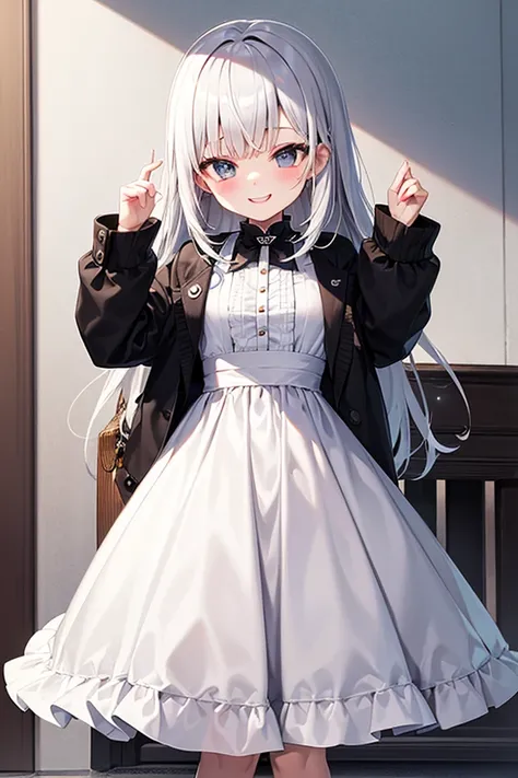  white hair、Gray Hair、 beautiful girl、 big smile 、Great fun、Innocent、Delighted、Pure white outfit、 white skin、Transparency、 cute、 girl、 slender、 Slim、 high image quality、4ｋ、 is adorable、 wink、smile、 innocent、mischievous expression、Overall silhouette