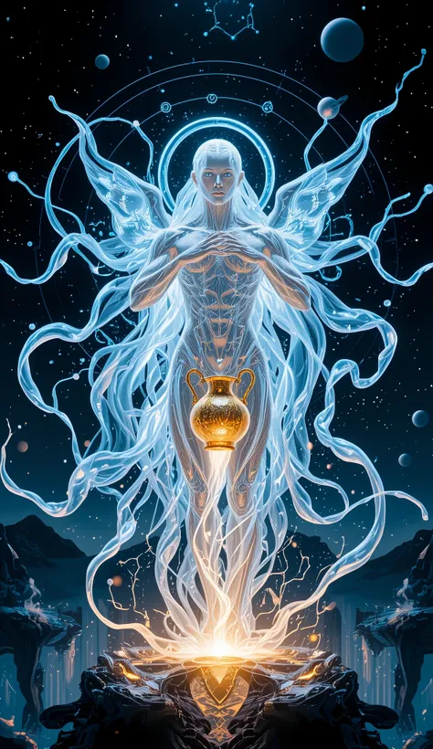 An ethereal and futuristic figure representing the power of Aquarius, manifested in the form of a luminous entity, with fluid and transparent features, as if made of water and light. His skin glows an iridescent silvery hue, reflecting the cosmic energy fl...