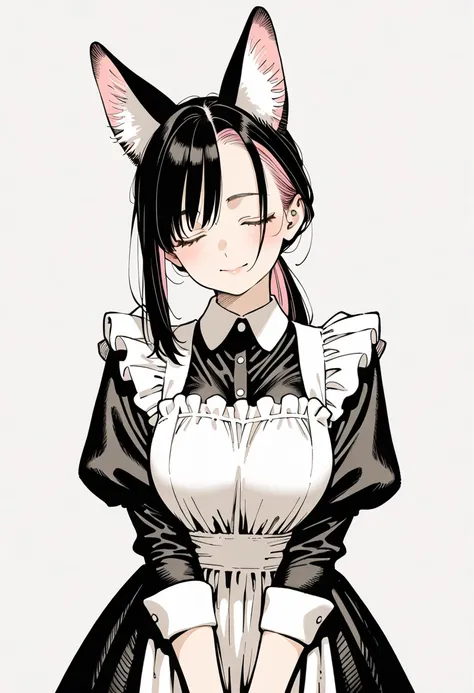 by shunsuke, kotteri, graphite (medium), 1girl, solo, mature female, black hair, multicoloured hair, pink inner hair, long hair, ponytail, asymmetrical bangs, closed eyes, fox ears, animal ear fluff, maid, dress, traditional maid, long apron, frilled dress...