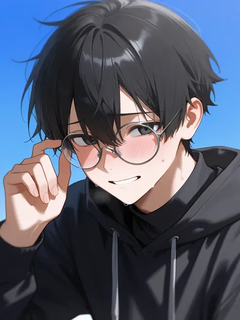  male　 black hair　Glasses　 shy laugh　　